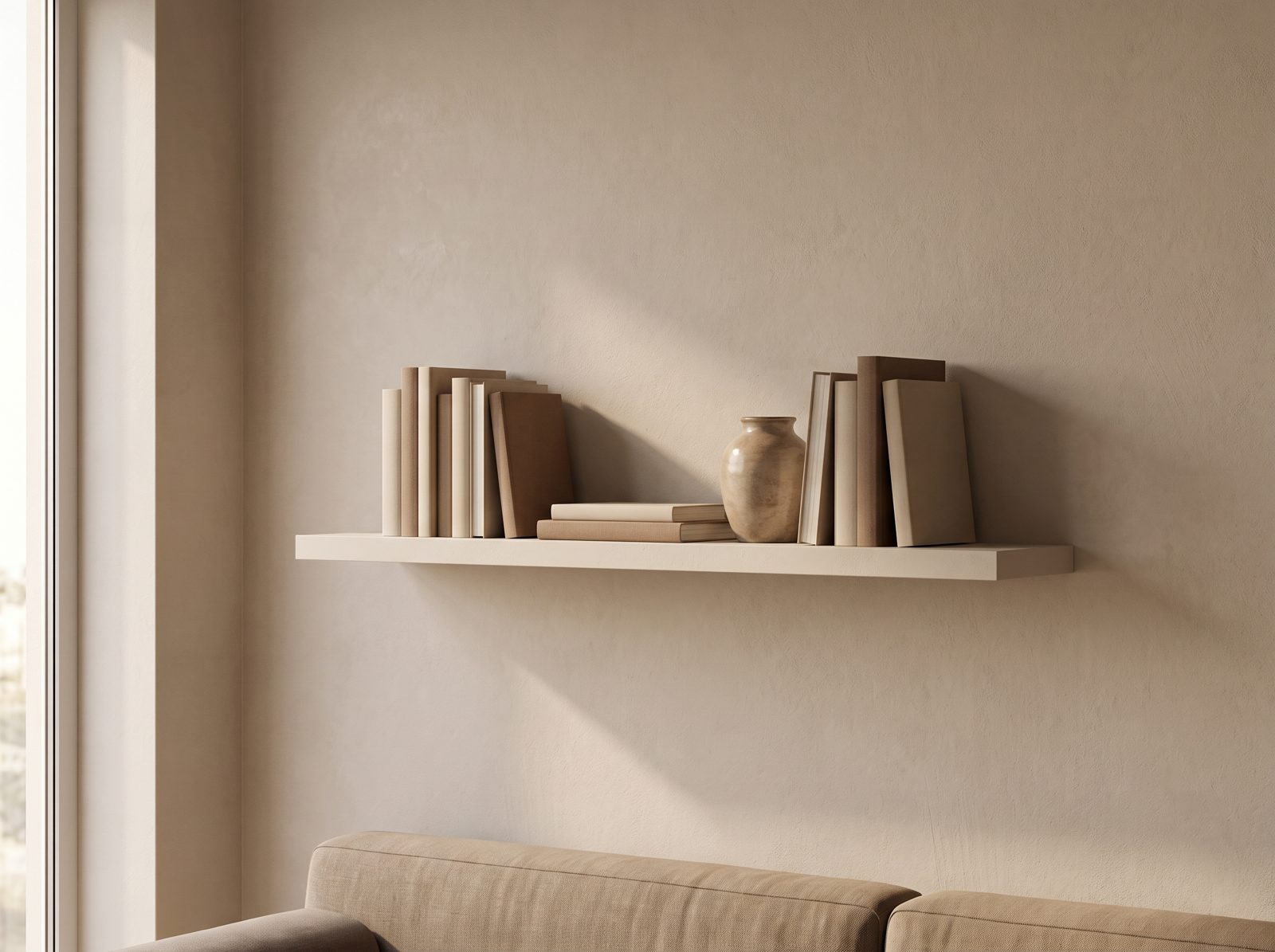 Zwevende wandplank in Cashmere Stone — 120 × 30 cm, 28 mm, blind gemonteerd