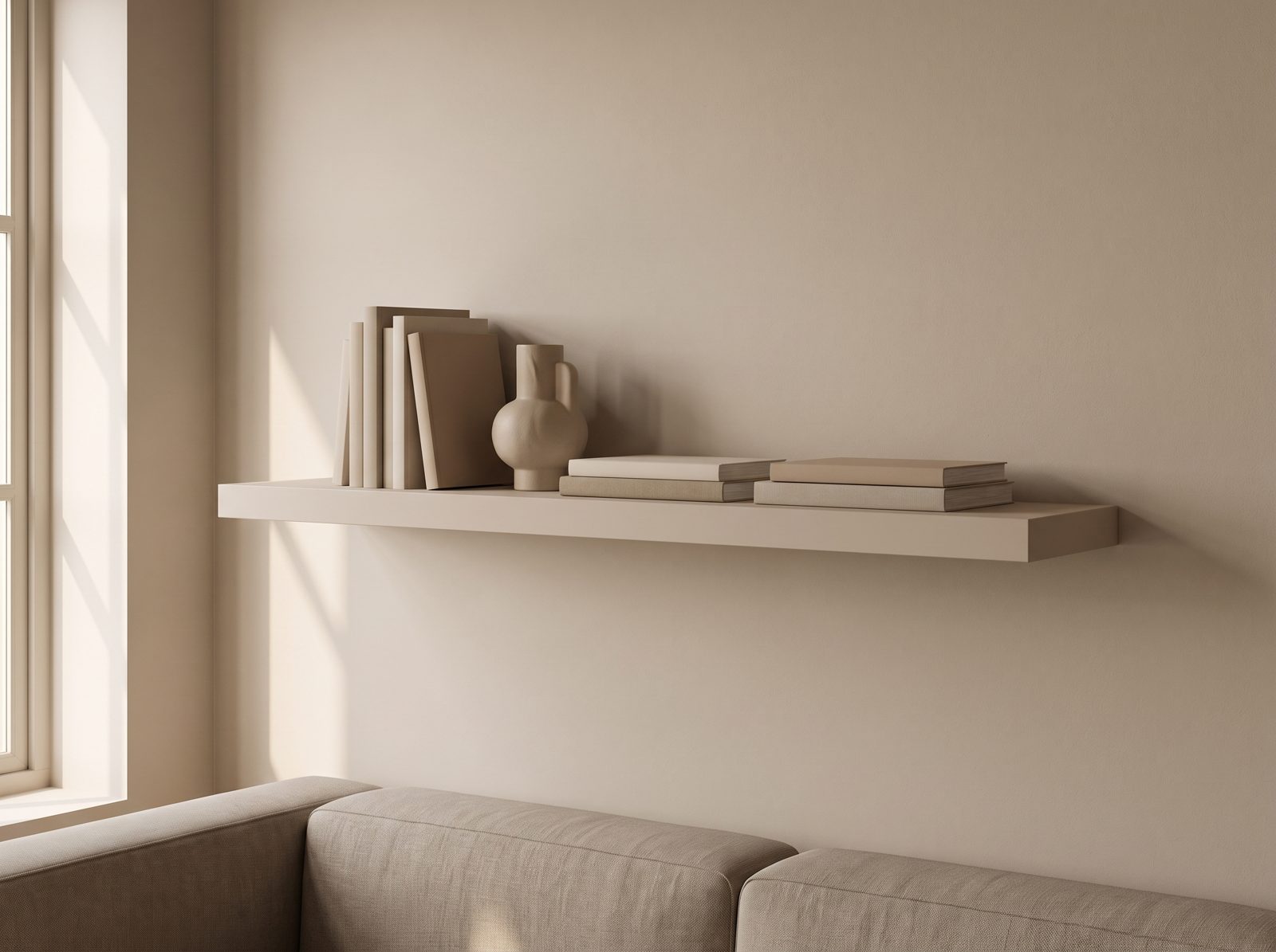 Zwevende wandplank in Cashmere Stone — 120 × 30 cm, blind gemonteerd