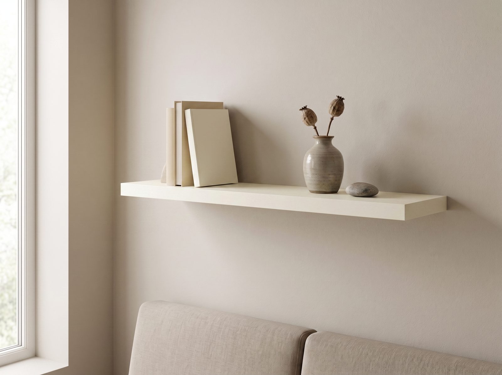 Zwevende wandplank in Chalk White — 120 × 30 cm, 28 mm, blind gemonteerd