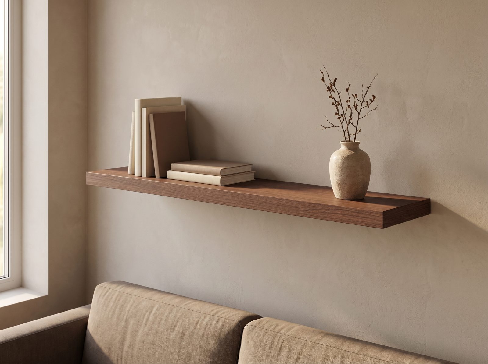 Zwevende wandplank in Cocoa Oak — 120 × 30 cm, 28 mm, blind gemonteerd