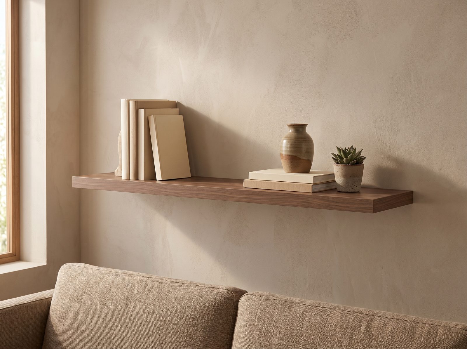 Zwevende wandplank in Cognac Walnut — 120 × 30 cm, blind gemonteerd