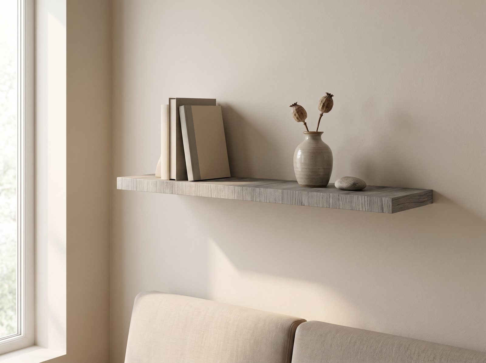 Zwevende wandplank in Driftwood Oak — 120 × 30 cm, 28 mm, blind gemonteerd