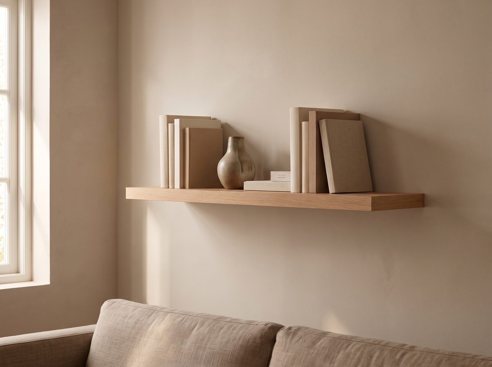 Zwevende wandplank in Driftwood Oak — 120 × 30 cm, blind gemonteerd