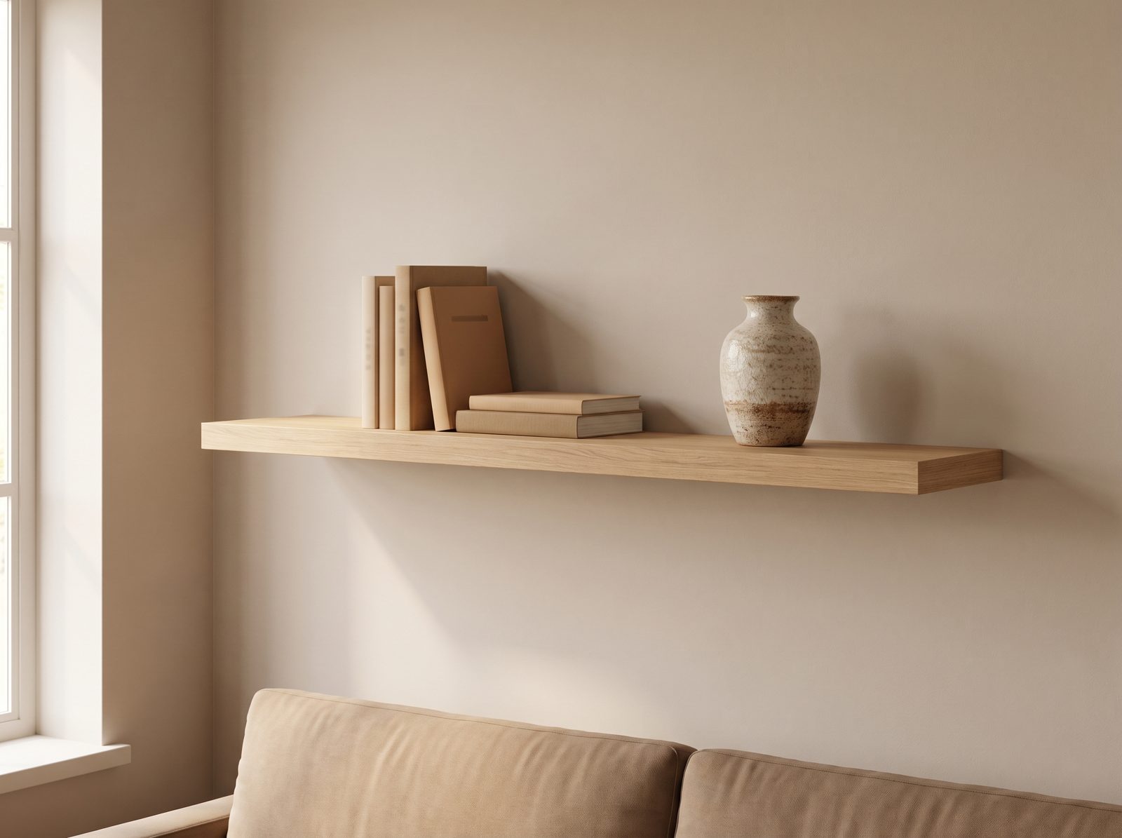 Zwevende wandplank in Dune Oak — 120 × 30 cm, 28 mm, blind gemonteerd