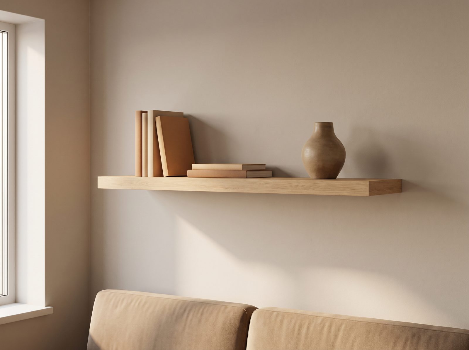 Zwevende wandplank in Dune Oak — 120 × 30 cm, blind gemonteerd