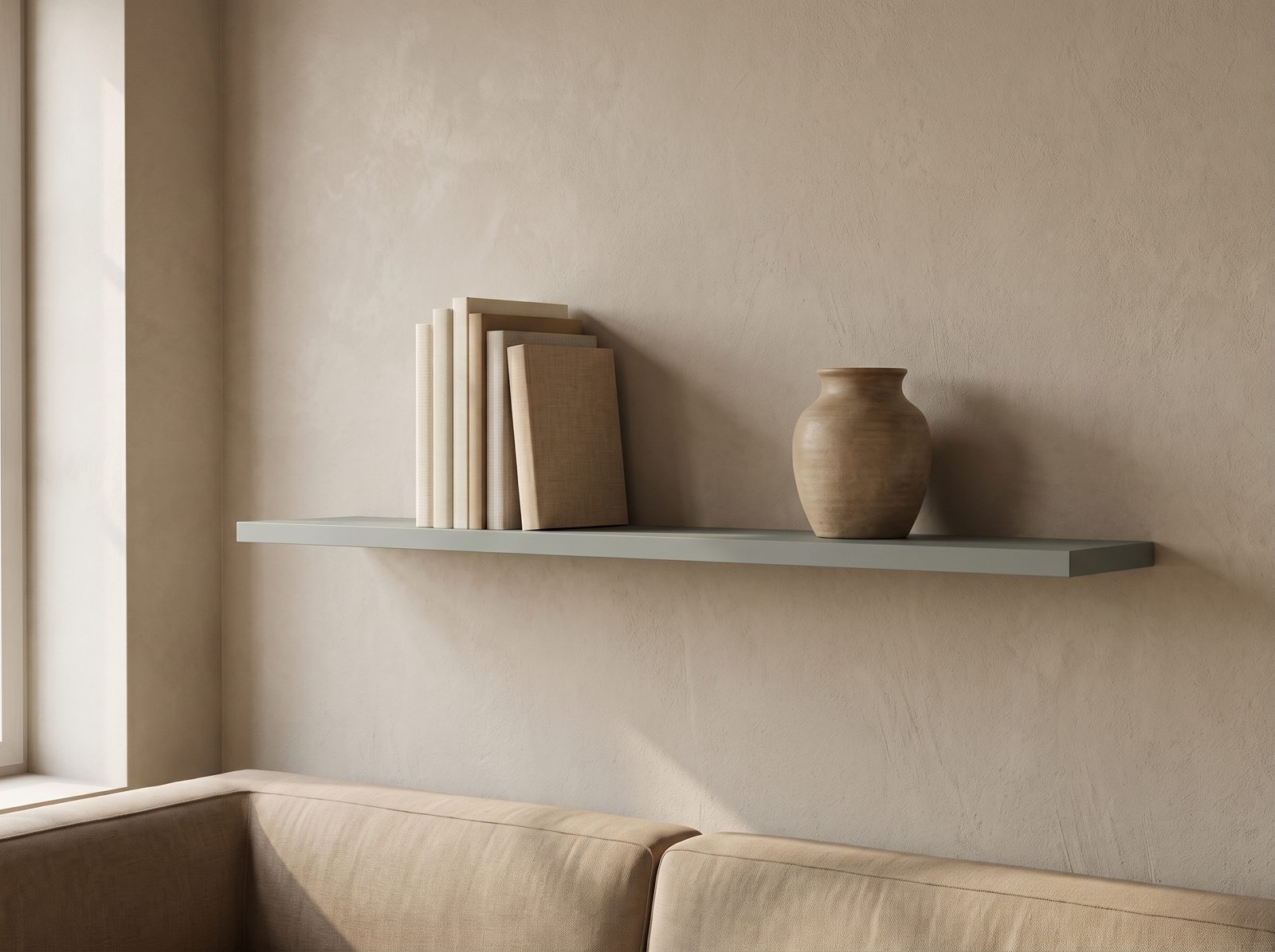 Zwevende wandplank in Fjord Mist — 120 × 30 cm, blind gemonteerd