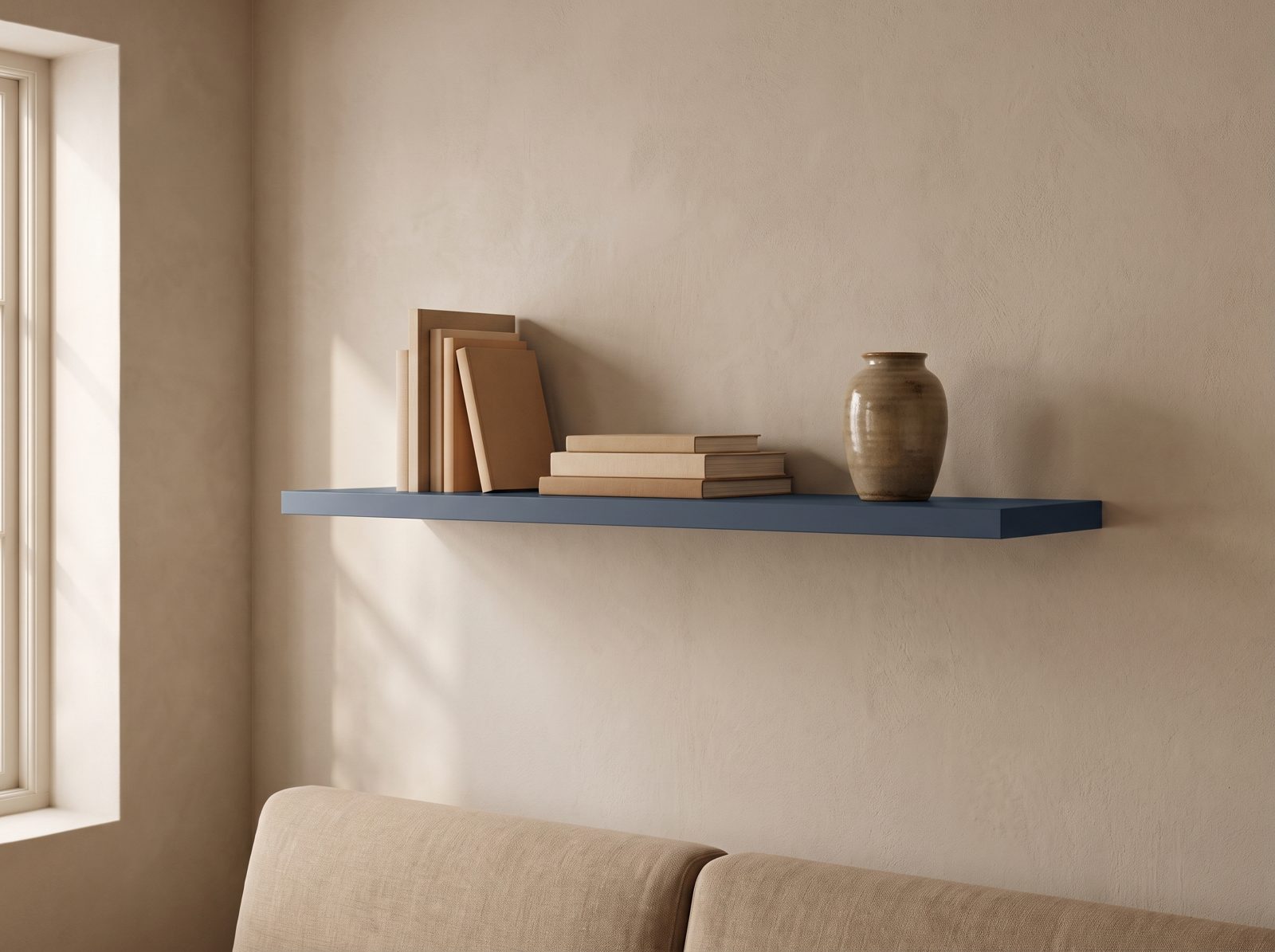 Zwevende wandplank in Glacier Blue — 120 × 30 cm, 28 mm, blind gemonteerd