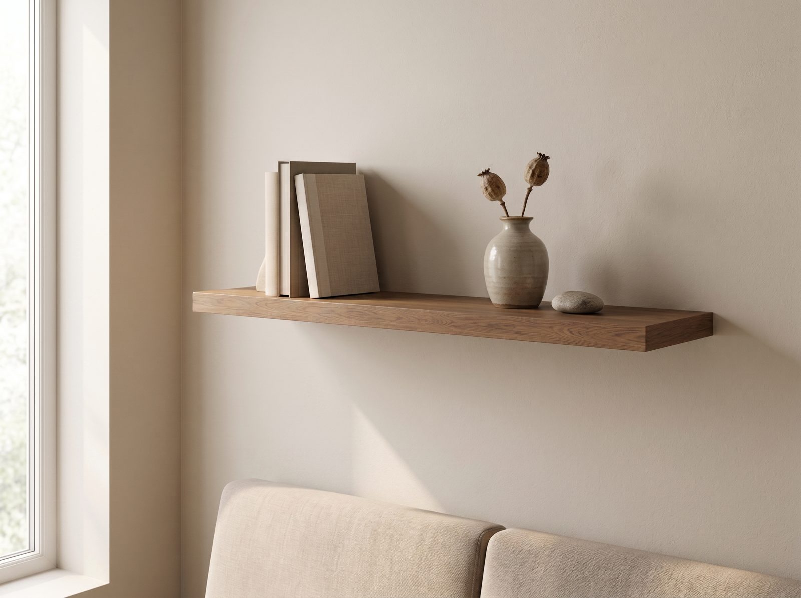 Zwevende wandplank in Hazel Oak — 120 × 30 cm, 28 mm, blind gemonteerd