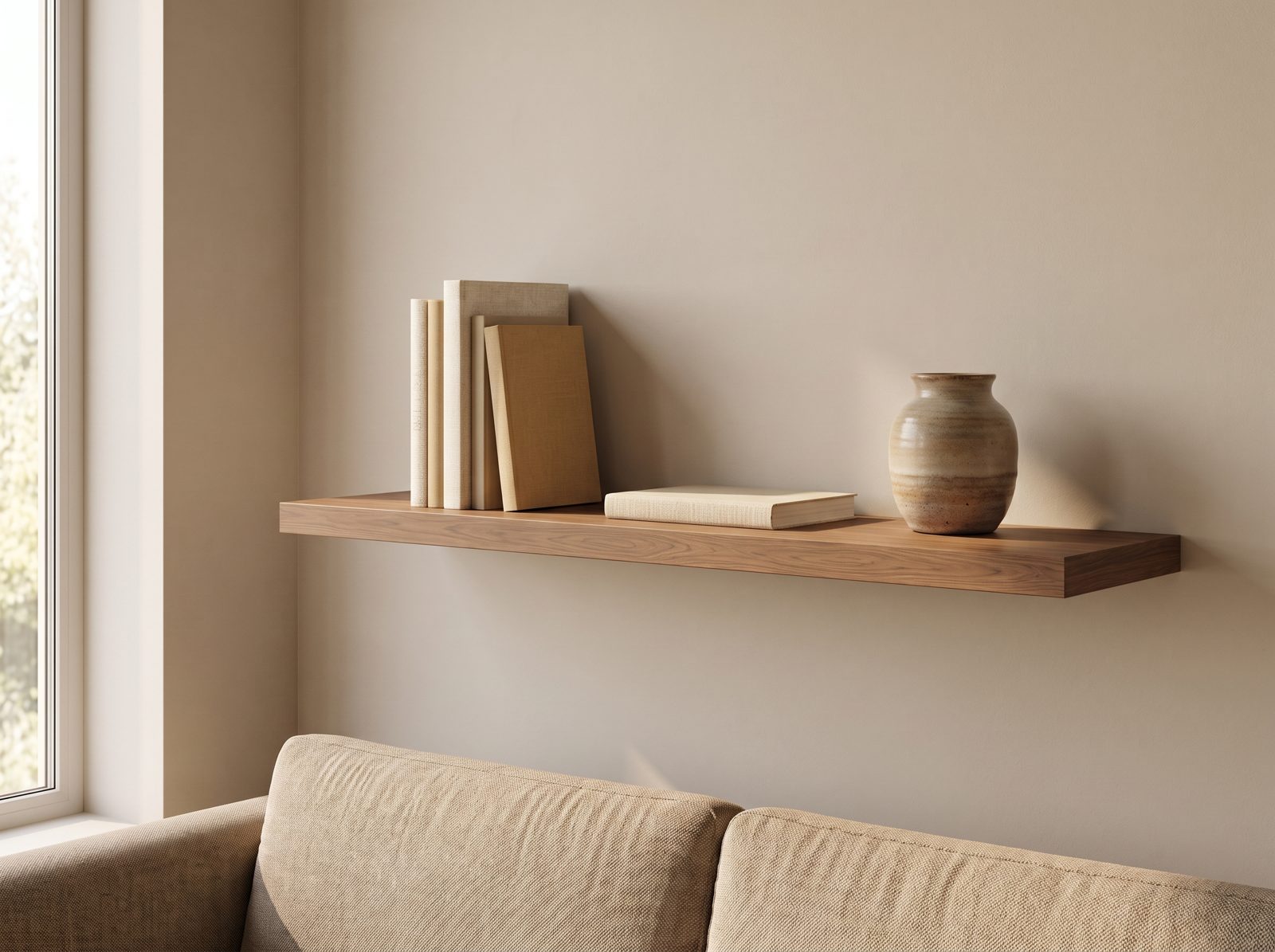 Zwevende wandplank in Hazel Oak — 120 × 30 cm, blind gemonteerd