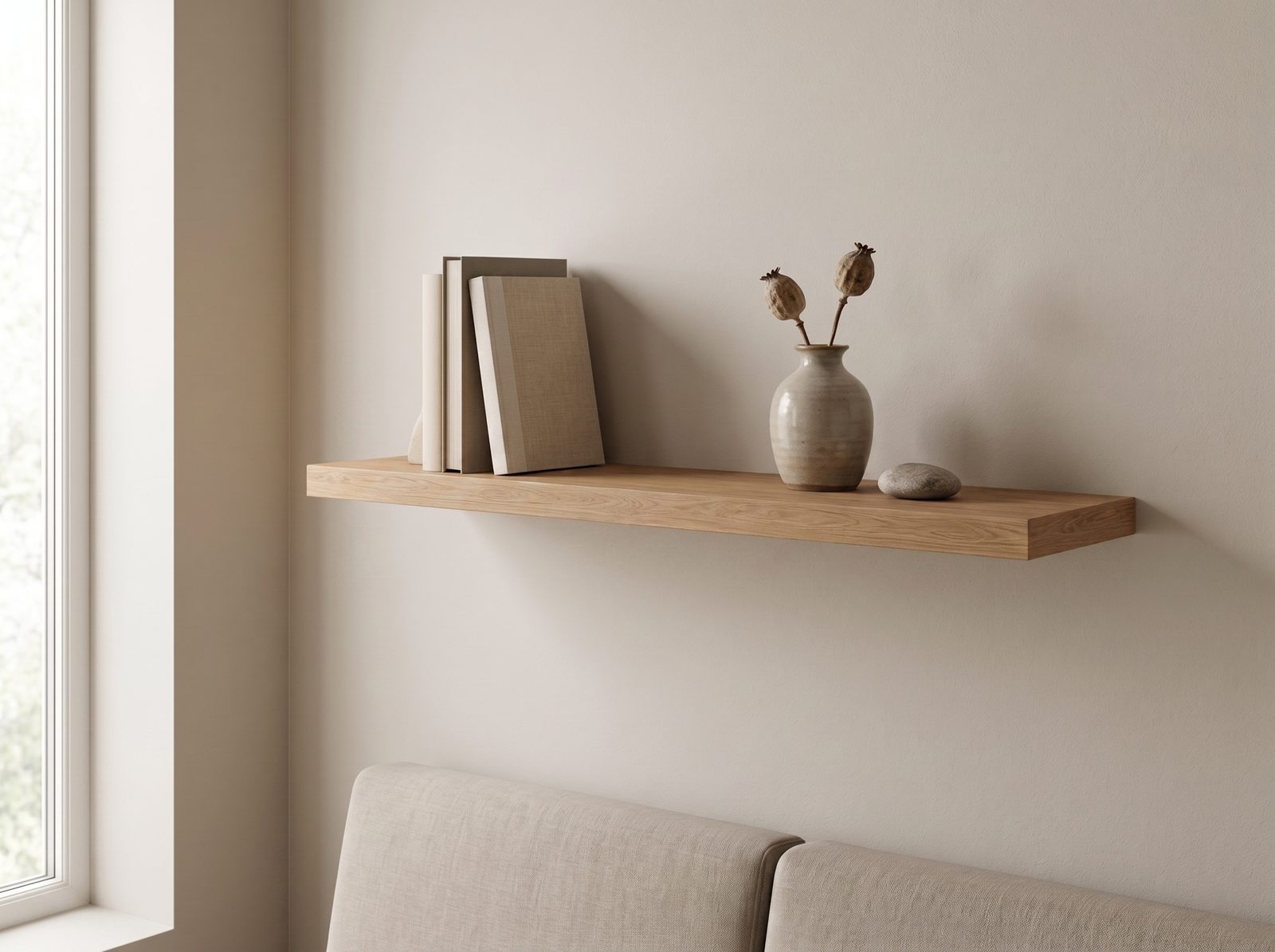 Zwevende wandplank in Linen Oak — 120 × 30 cm, 28 mm, blind gemonteerd