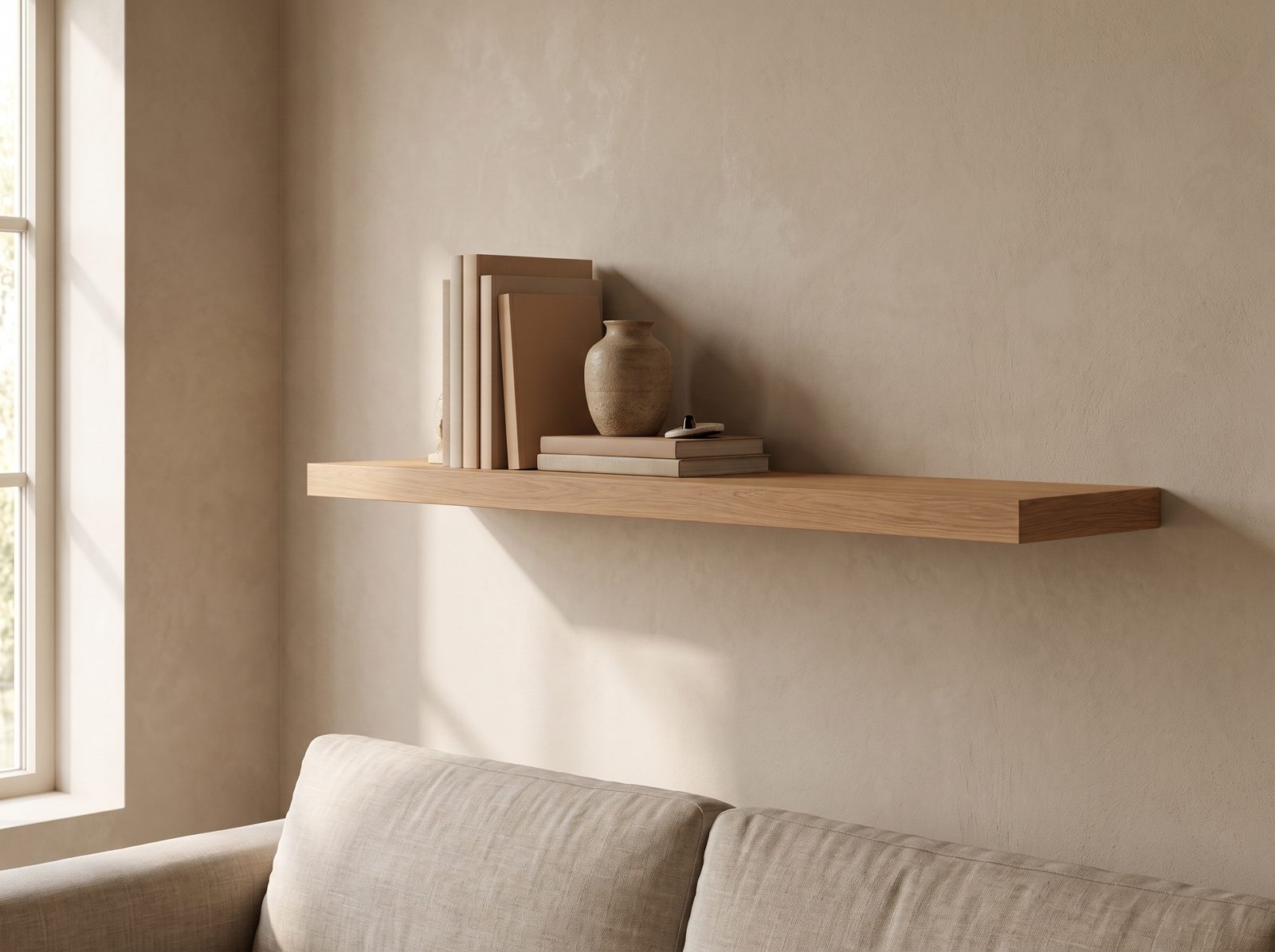 Zwevende wandplank in Linen Oak — 120 × 30 cm, blind gemonteerd