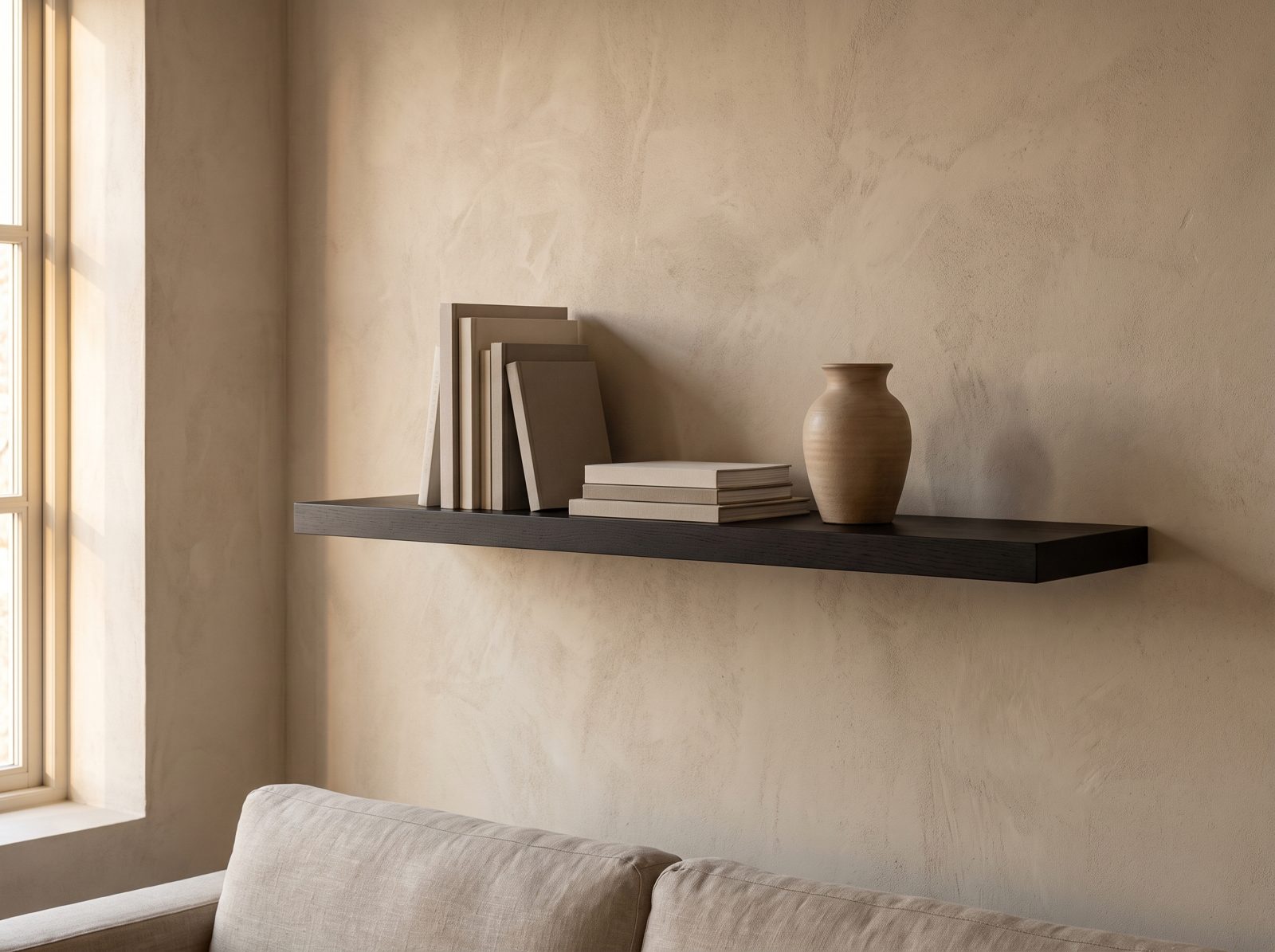 Zwevende wandplank in Midnight Oak — 120 × 30 cm, 28 mm, blind gemonteerd