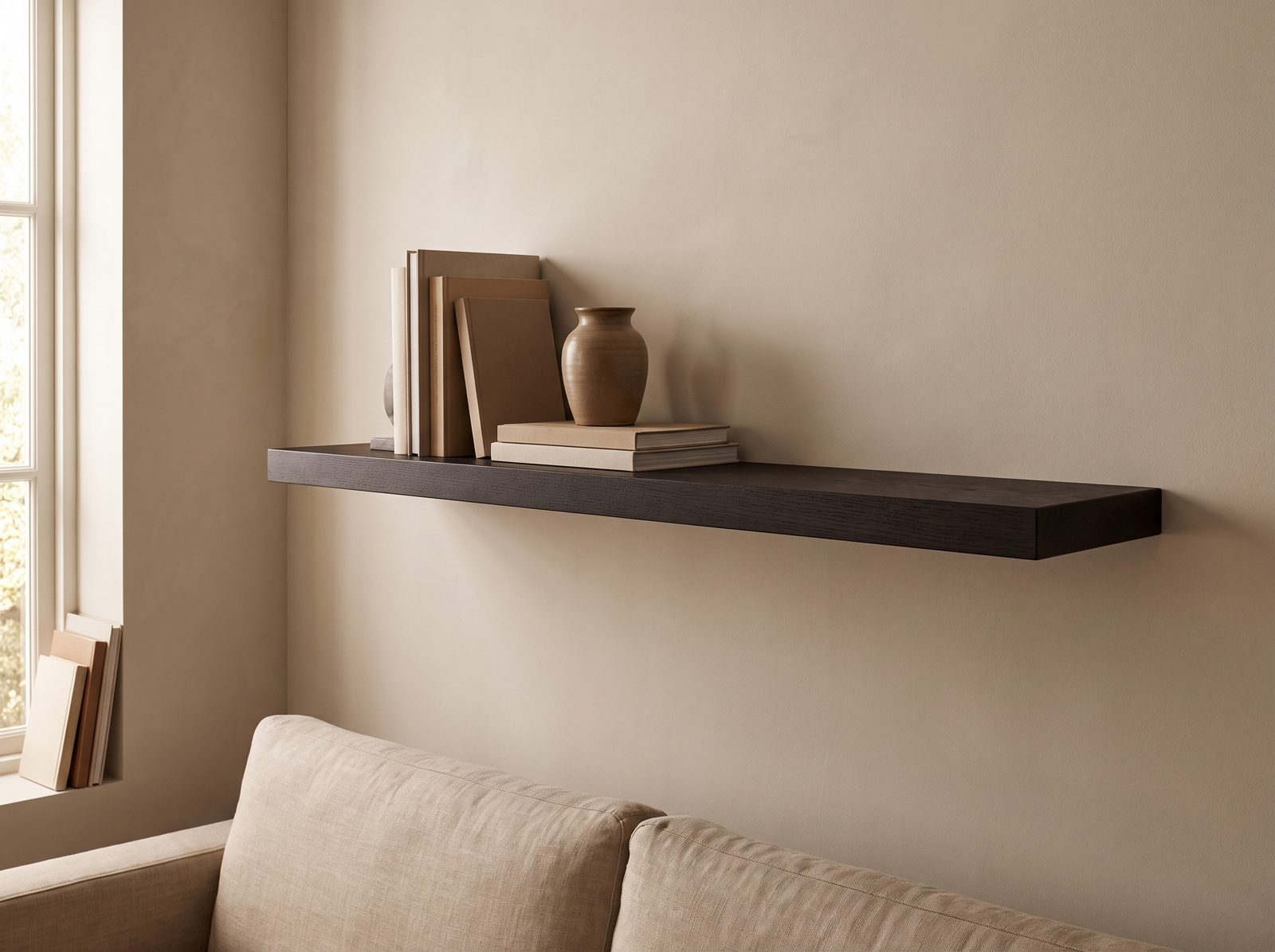 Zwevende wandplank in Midnight Oak — 120 × 30 cm, blind gemonteerd