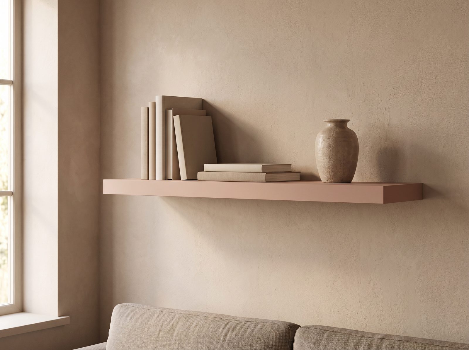 Zwevende wandplank in Peach Blush — 120 × 30 cm, 28 mm, blind gemonteerd