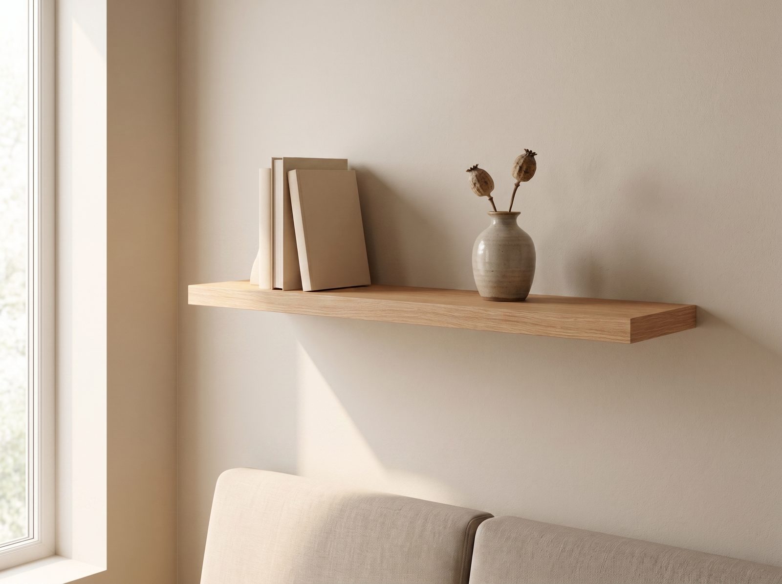 Zwevende wandplank in Porcelain Oak — 120 × 30 cm, 28 mm, blind gemonteerd