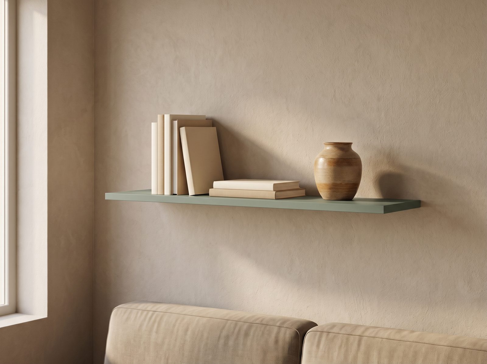 Zwevende wandplank in Sage Leaf — 120 × 30 cm, blind gemonteerd