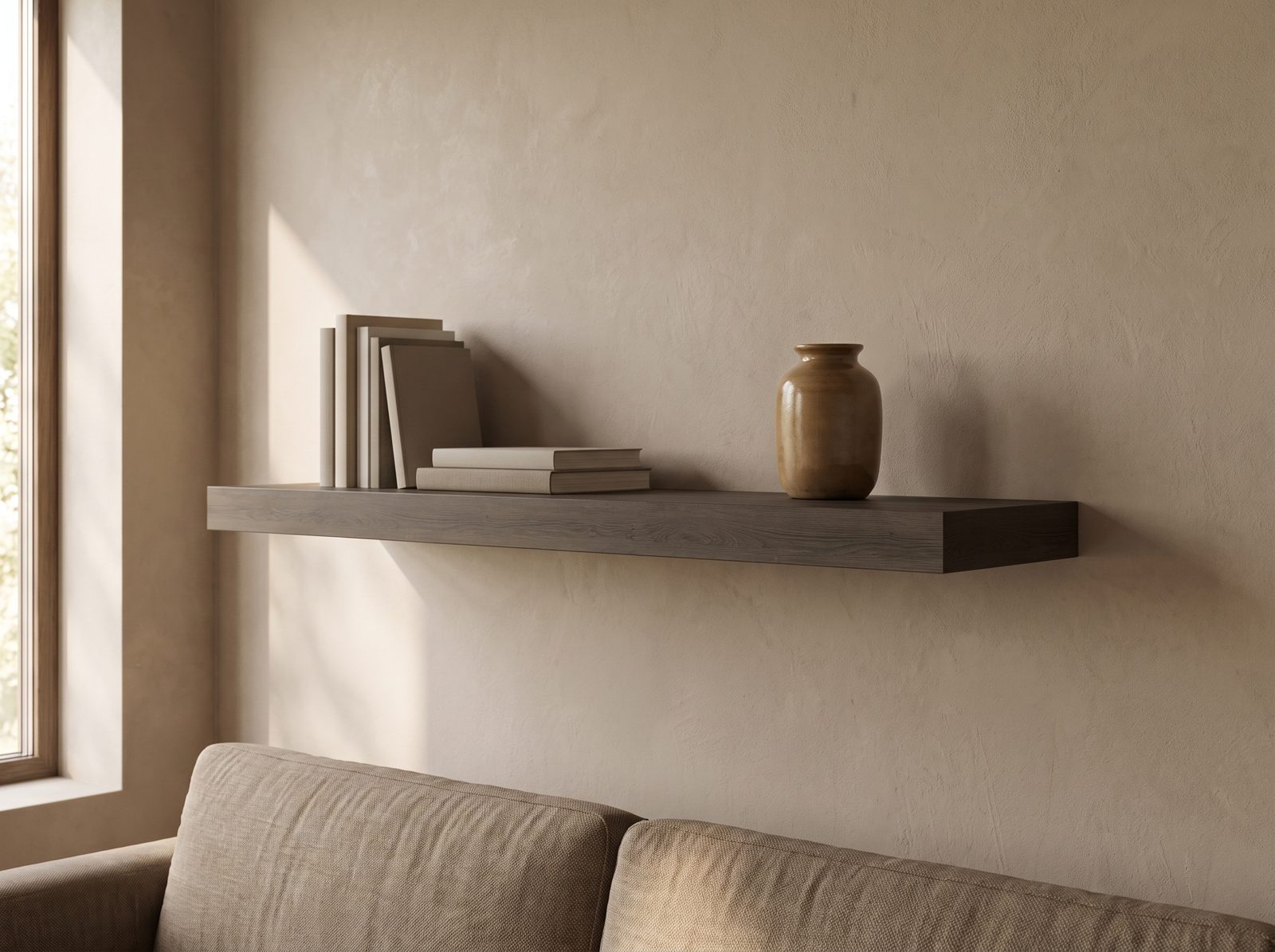 Zwevende wandplank in Smoked Oak — 120 × 30 cm, blind gemonteerd