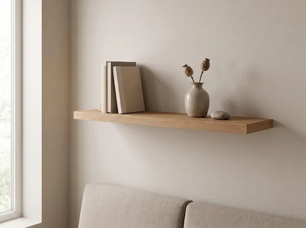 Zwevende wandplank in Linen Oak — 120 × 30 cm, 28 mm, blind gemonteerd