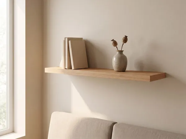 Zwevende wandplank in Porcelain Oak — 120 × 30 cm, 28 mm, blind gemonteerd