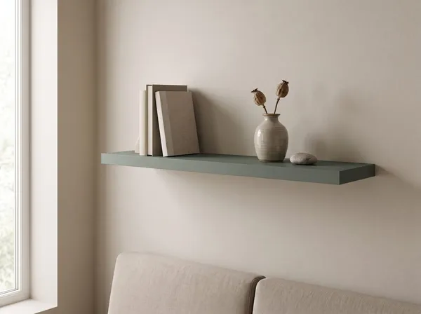 Zwevende wandplank in Sage Leaf — 120 × 30 cm, 28 mm, blind gemonteerd